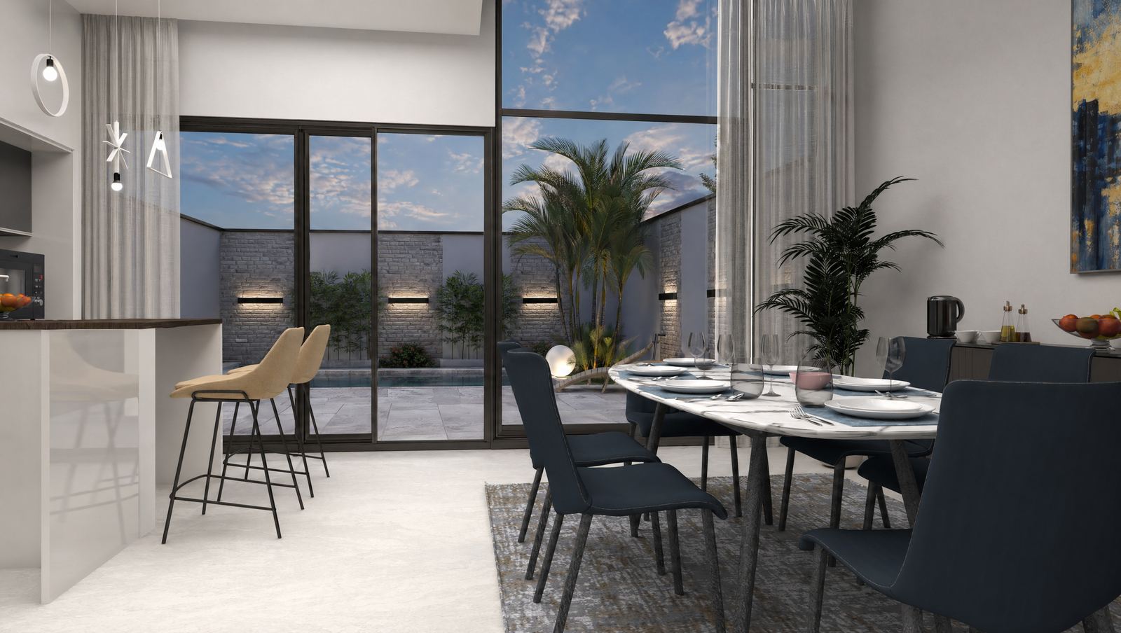 Salle à manger vue piscine